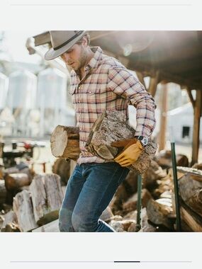 Taylor Stitch Glacier Pearl Snap shirt tan plaid cotton Mens sz 38 US S